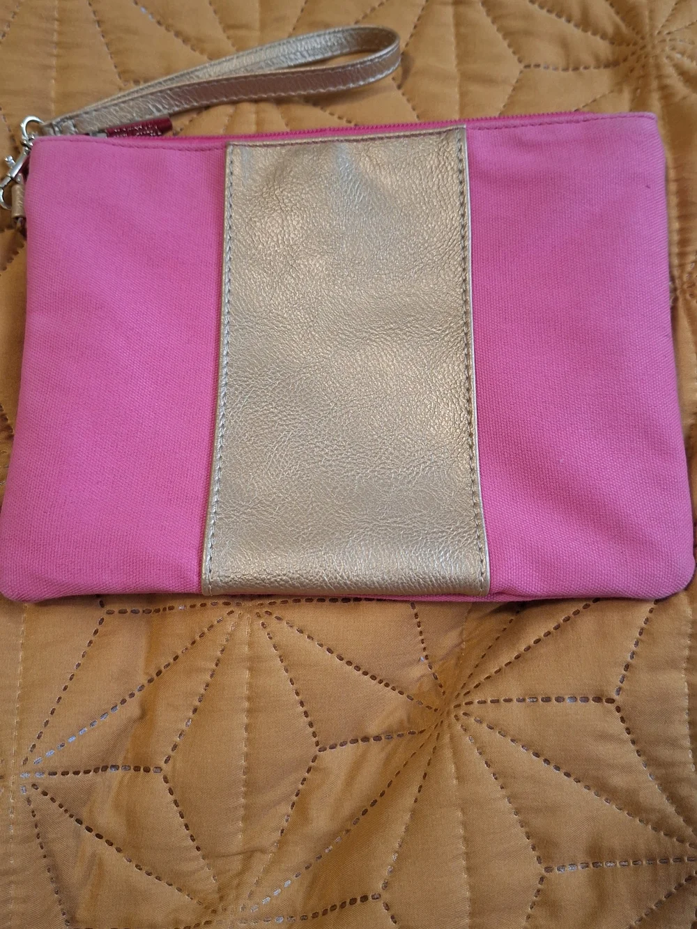 Pink Canvas Wristlet Clutch with Gold Panel